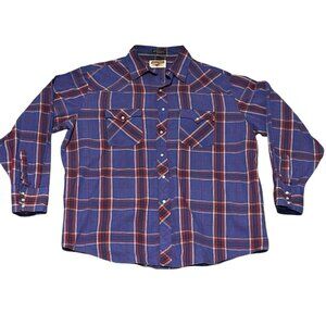 Vintage Young Bloods Men's XL Shirt Red Blue Plaid Long Sleeve Snaps Western.